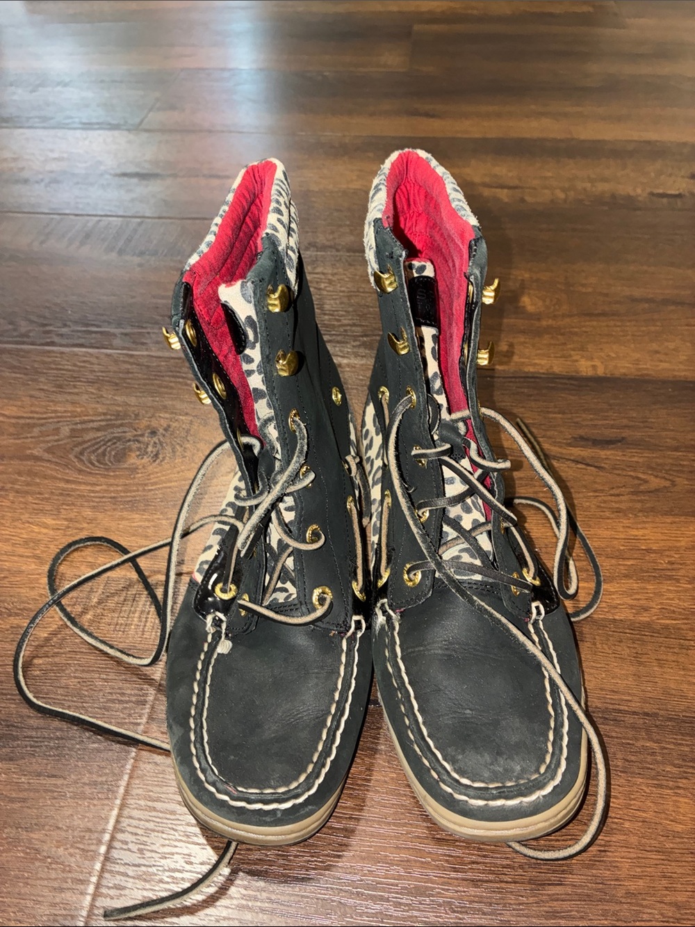 SPERRY TOP-SIDER HIGH TOP BOOTS Black LEOPARD Leather Lace-Up SZ 7.5 - Picture 2 of 8